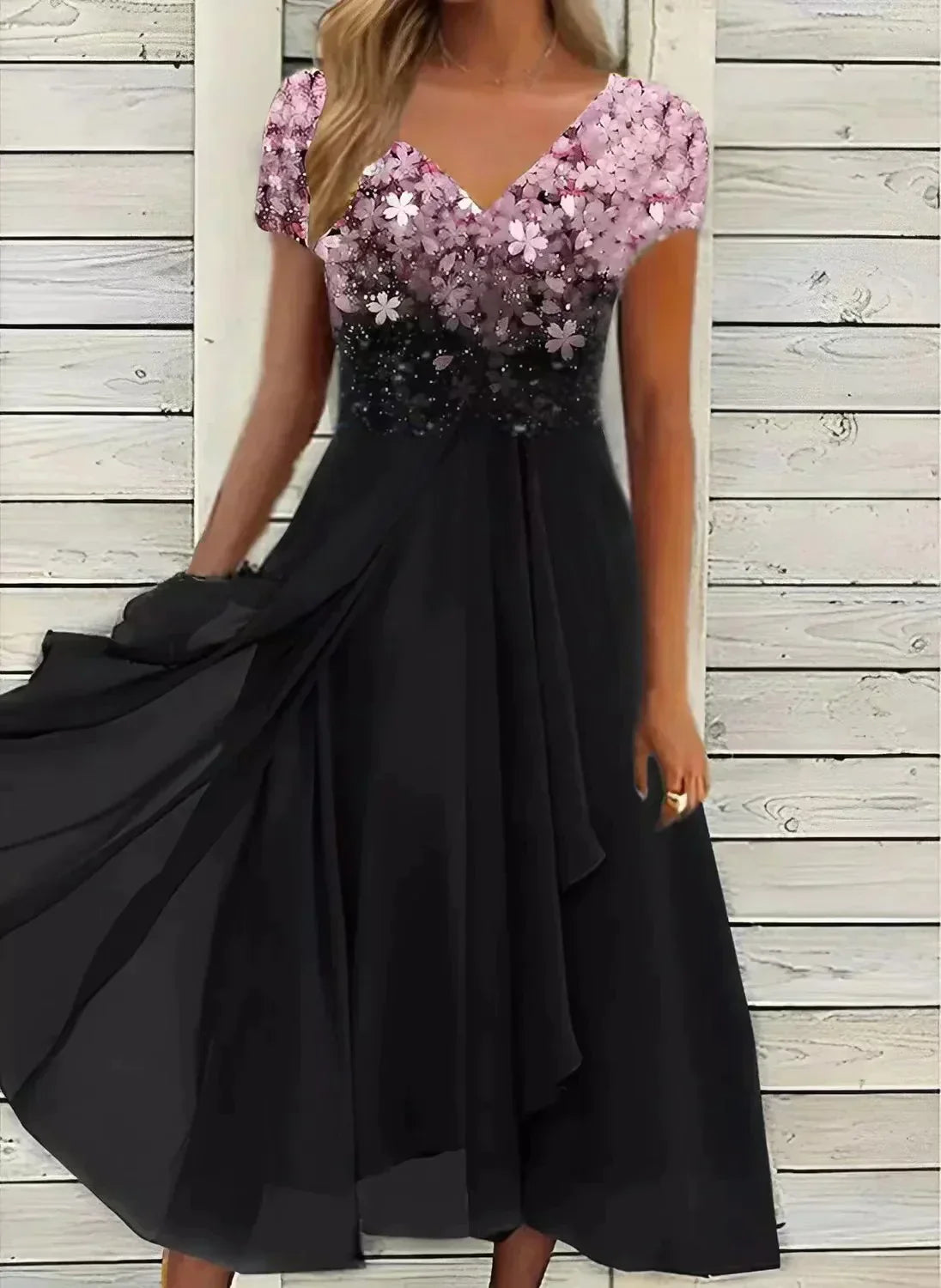 Women’s V-Neck Evening Dress | Short Sleeve