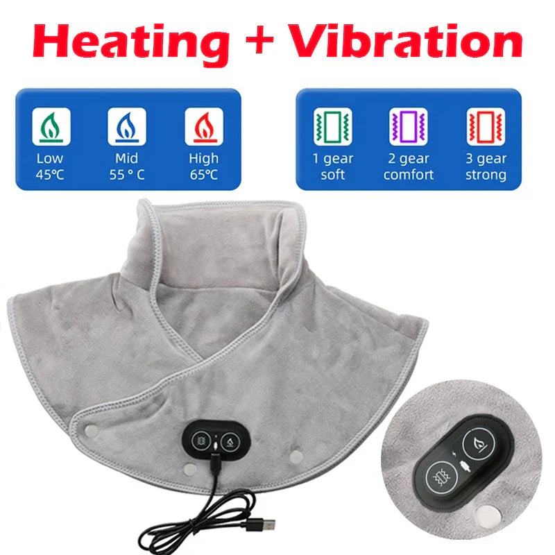 Heat Neck & Shoulder Massager | USB Heating Pad with Vibration | 3 Temperature Settings & Timer | Soft Plush Design