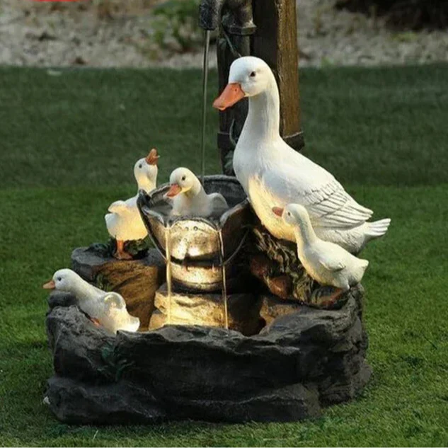 Solar Decorative Fountain with Duck and Squirrel | Garden Figure Featuring LED Light | Weatherproof Resin | Ideal for Patio and Balcony