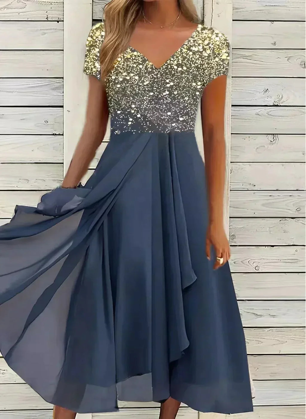 Women’s V-Neck Evening Dress | Short Sleeve