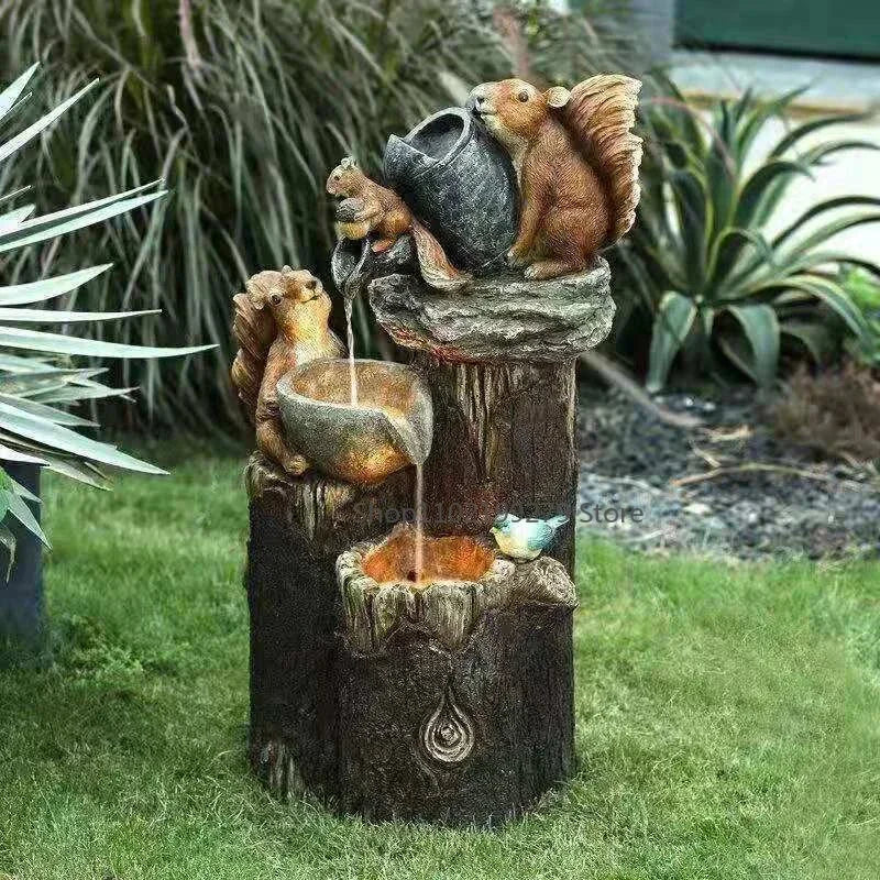 Solar Decorative Fountain with Duck and Squirrel | Garden Figure Featuring LED Light | Weatherproof Resin | Ideal for Patio and Balcony