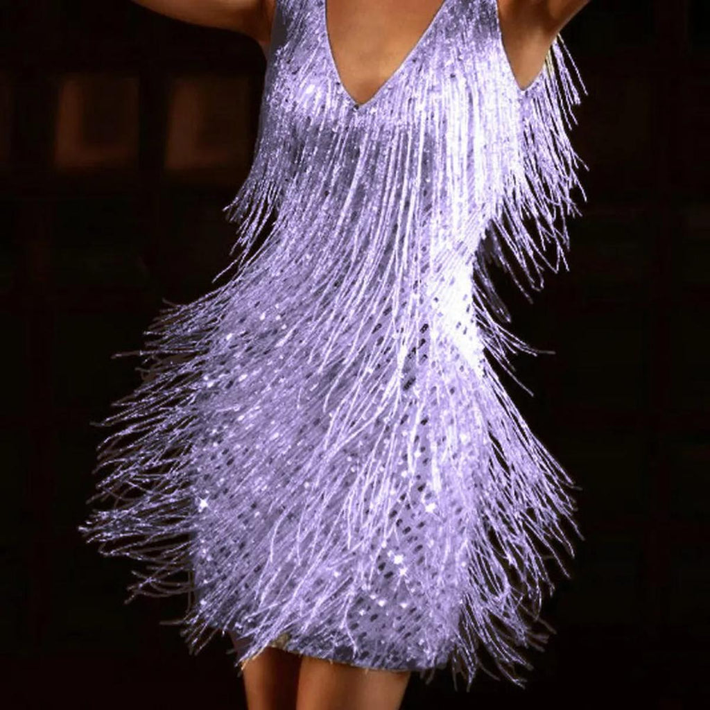 Sequin V-Neck Party Dress | Tassel