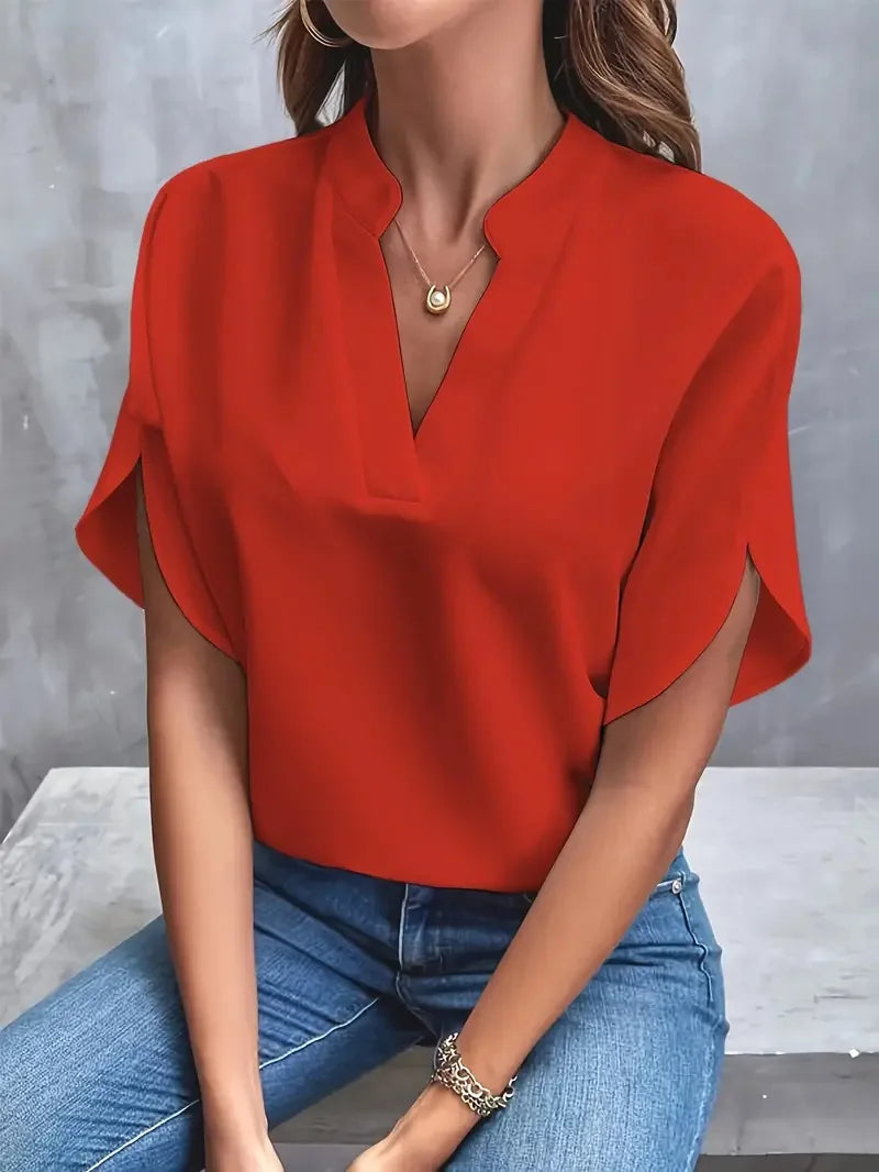 Women's V-Neck Short Sleeve Blouse | Loose Fit