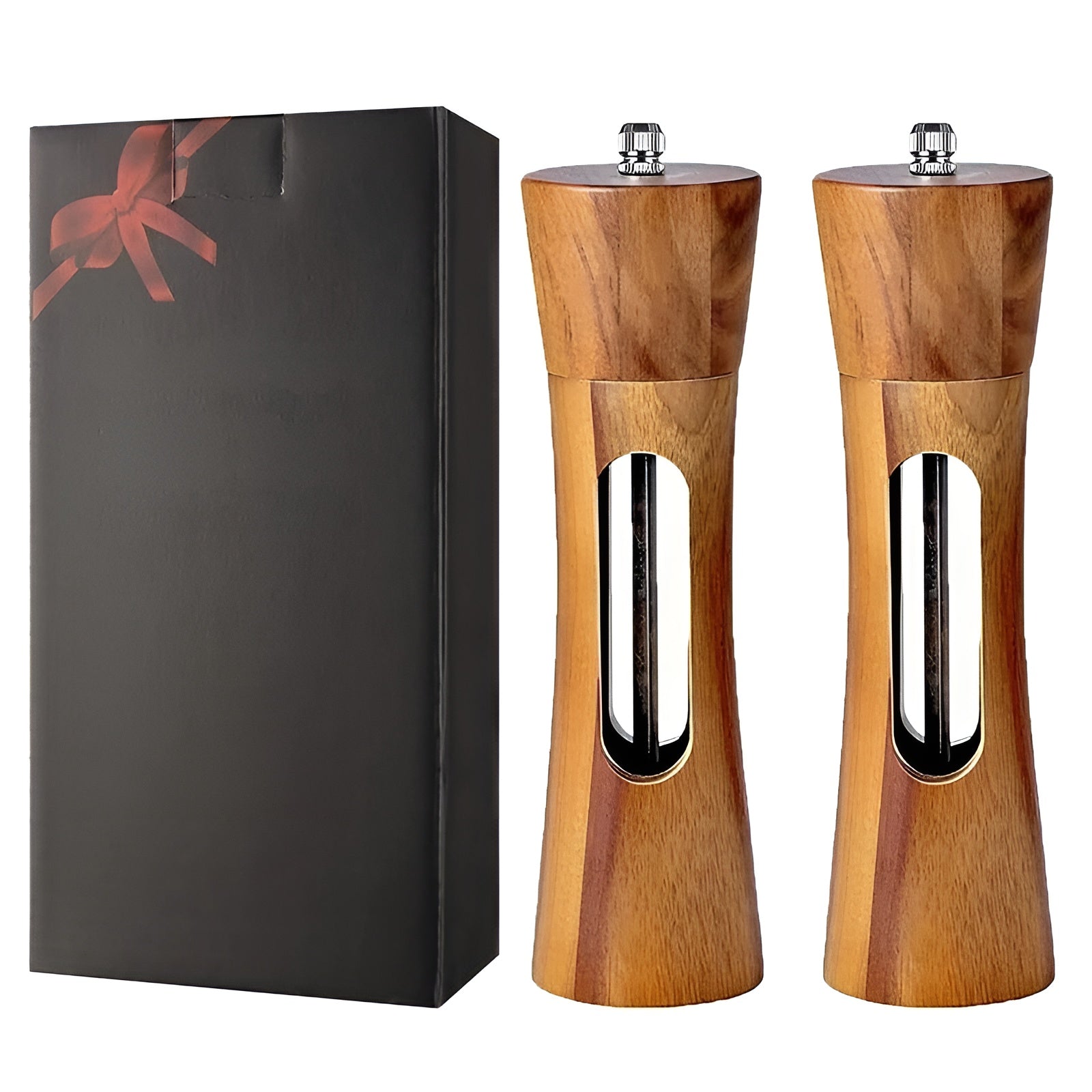 Set of 2 Wooden Salt and Pepper Mills with Acrylic Window