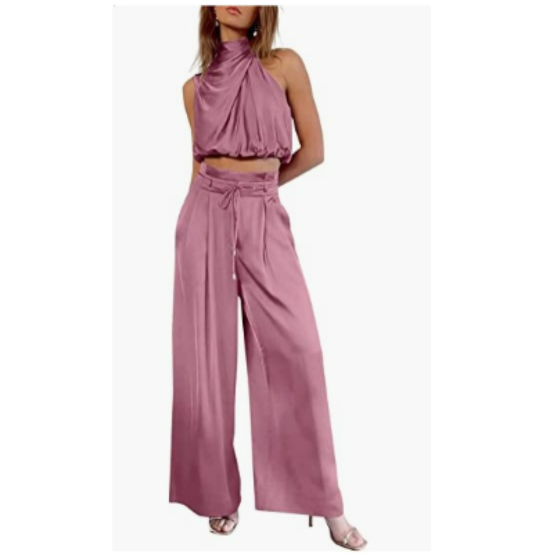 Women's Halter Crop Top and Wide Leg Pants | Two-Piece Set