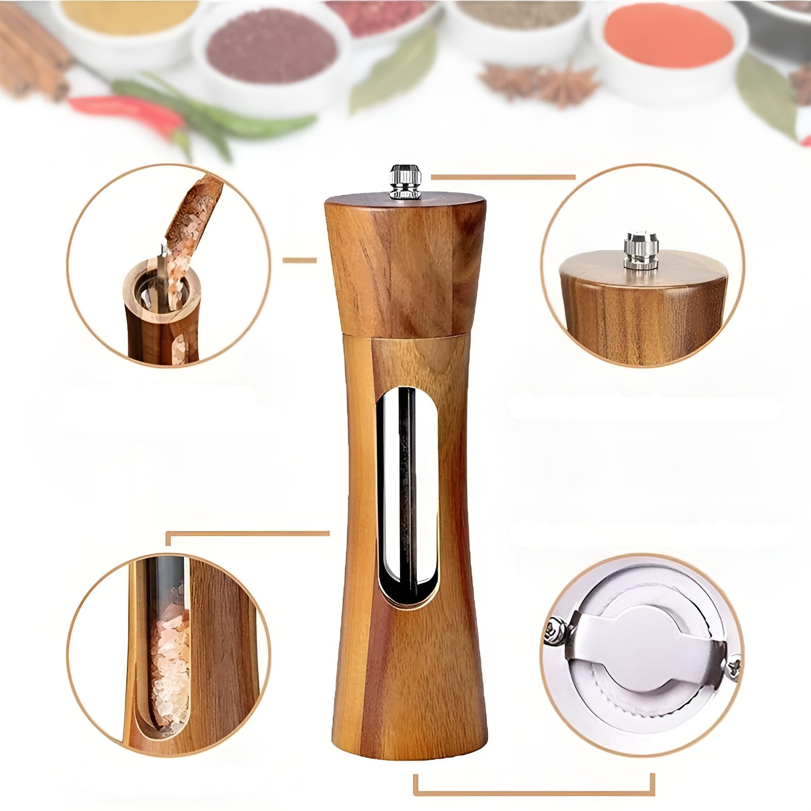 Set of 2 Wooden Salt and Pepper Mills with Acrylic Window