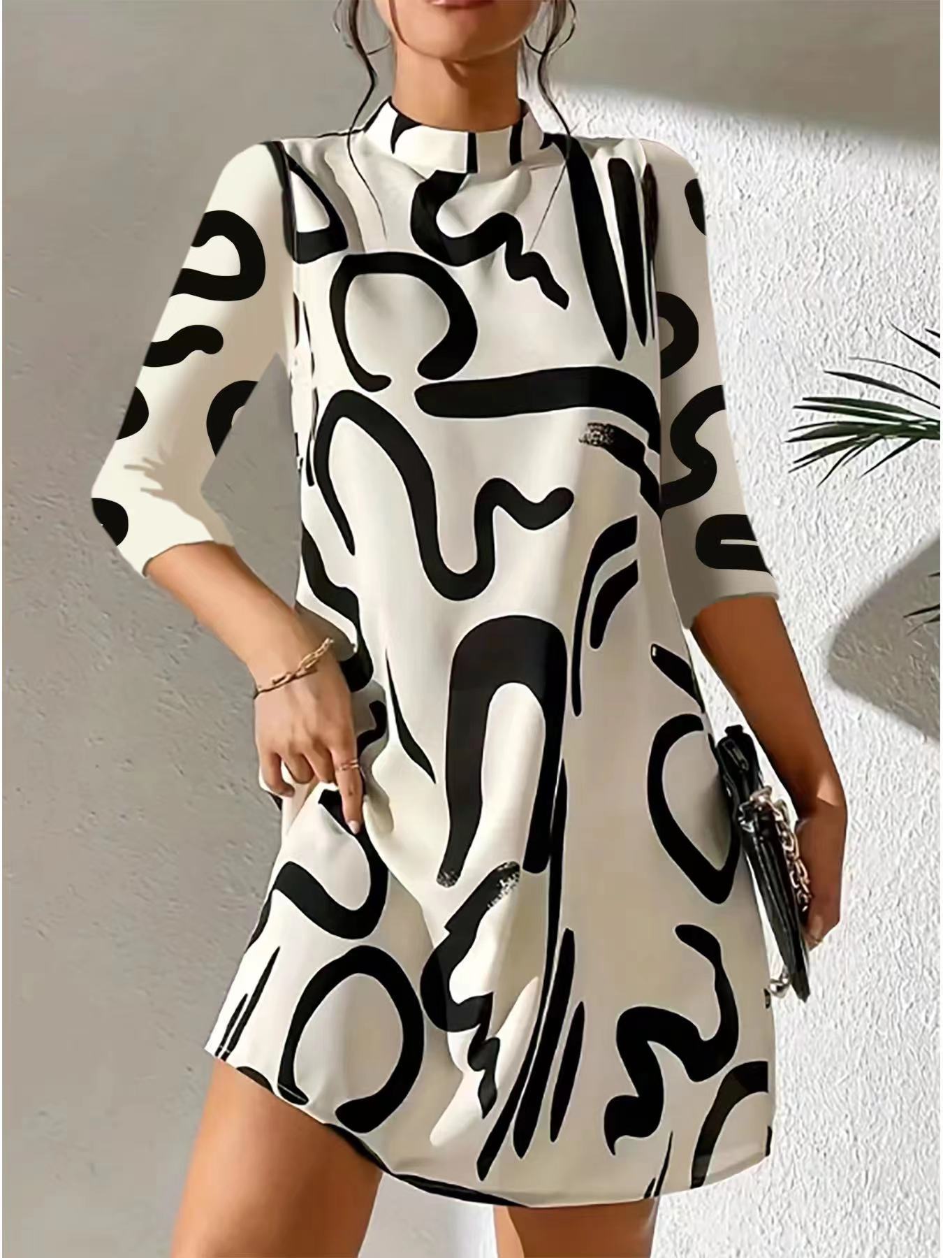 Women's Casual Loose-Fitting Stand Collar Dress | 3/4 Sleeves