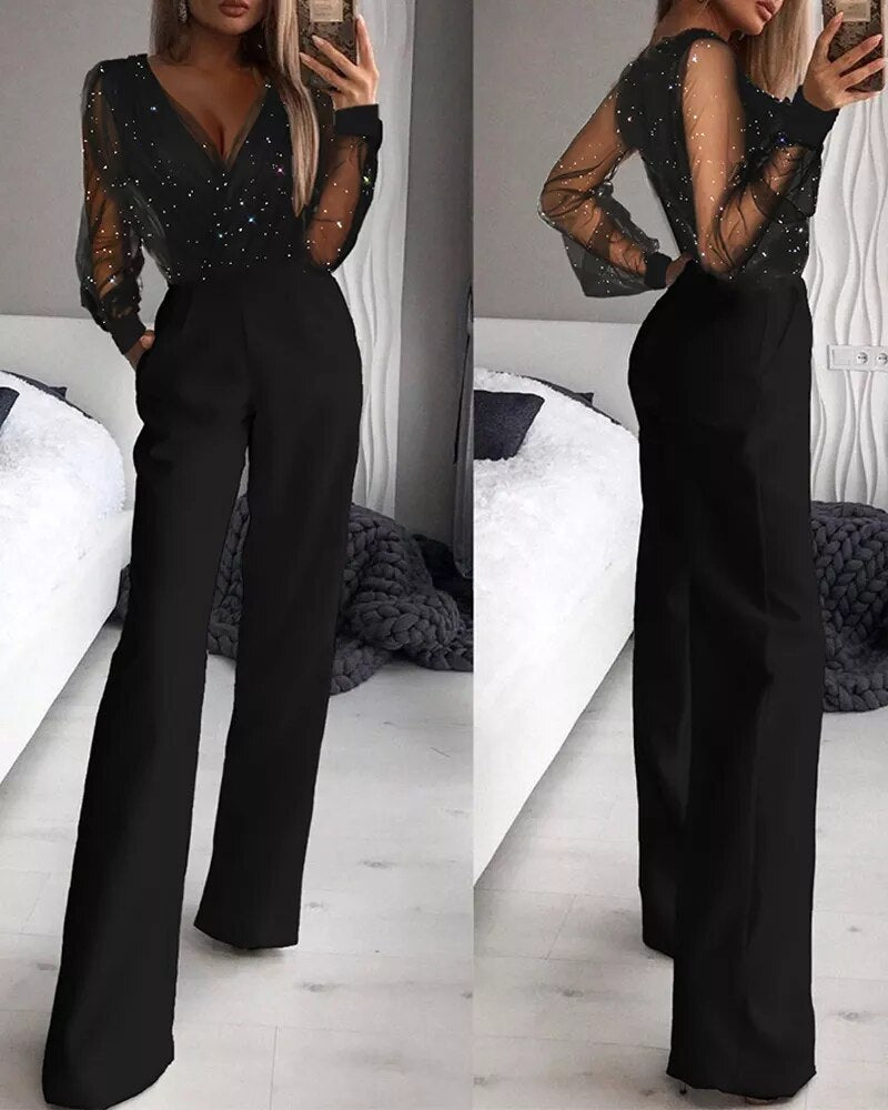 Women's V-Neck Festive Jumpsuit | Long Sleeves