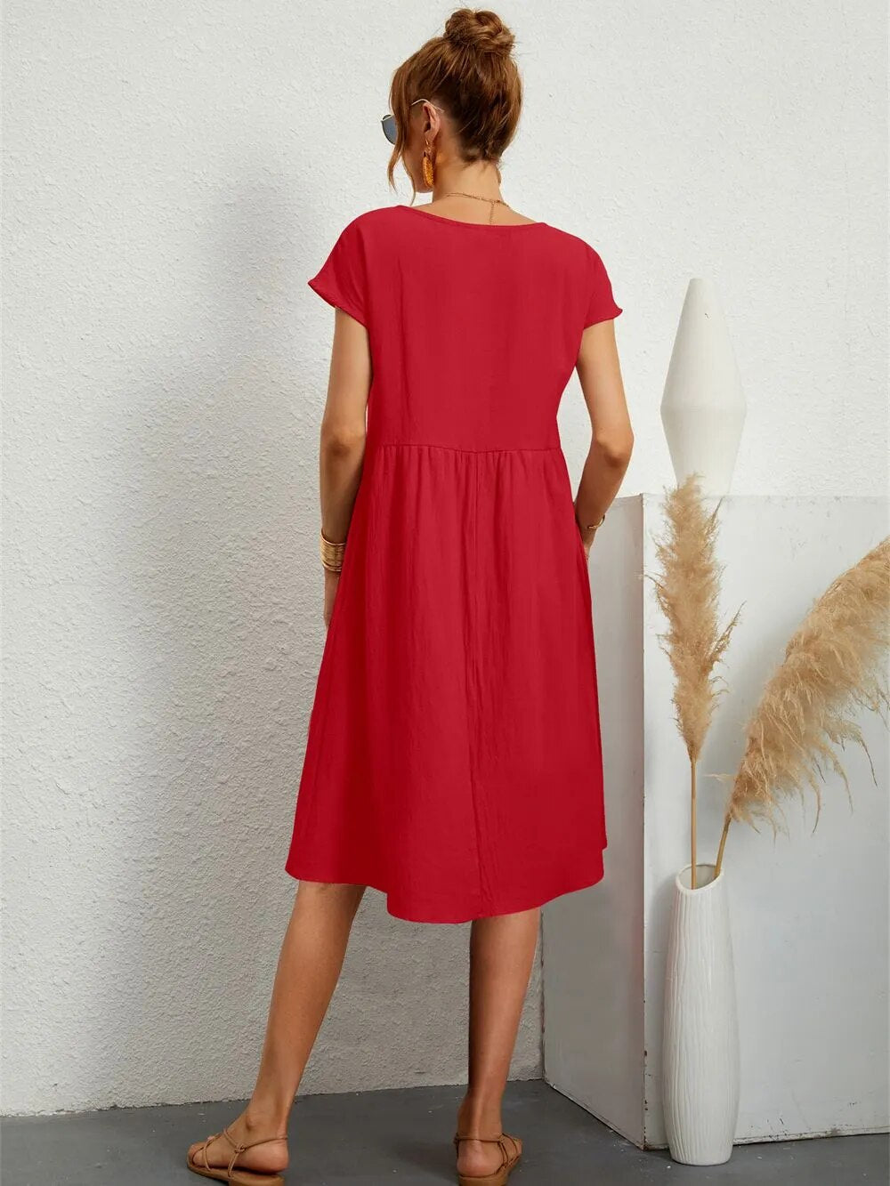 Women's Casual Short Sleeve Midi Dress | with Pockets