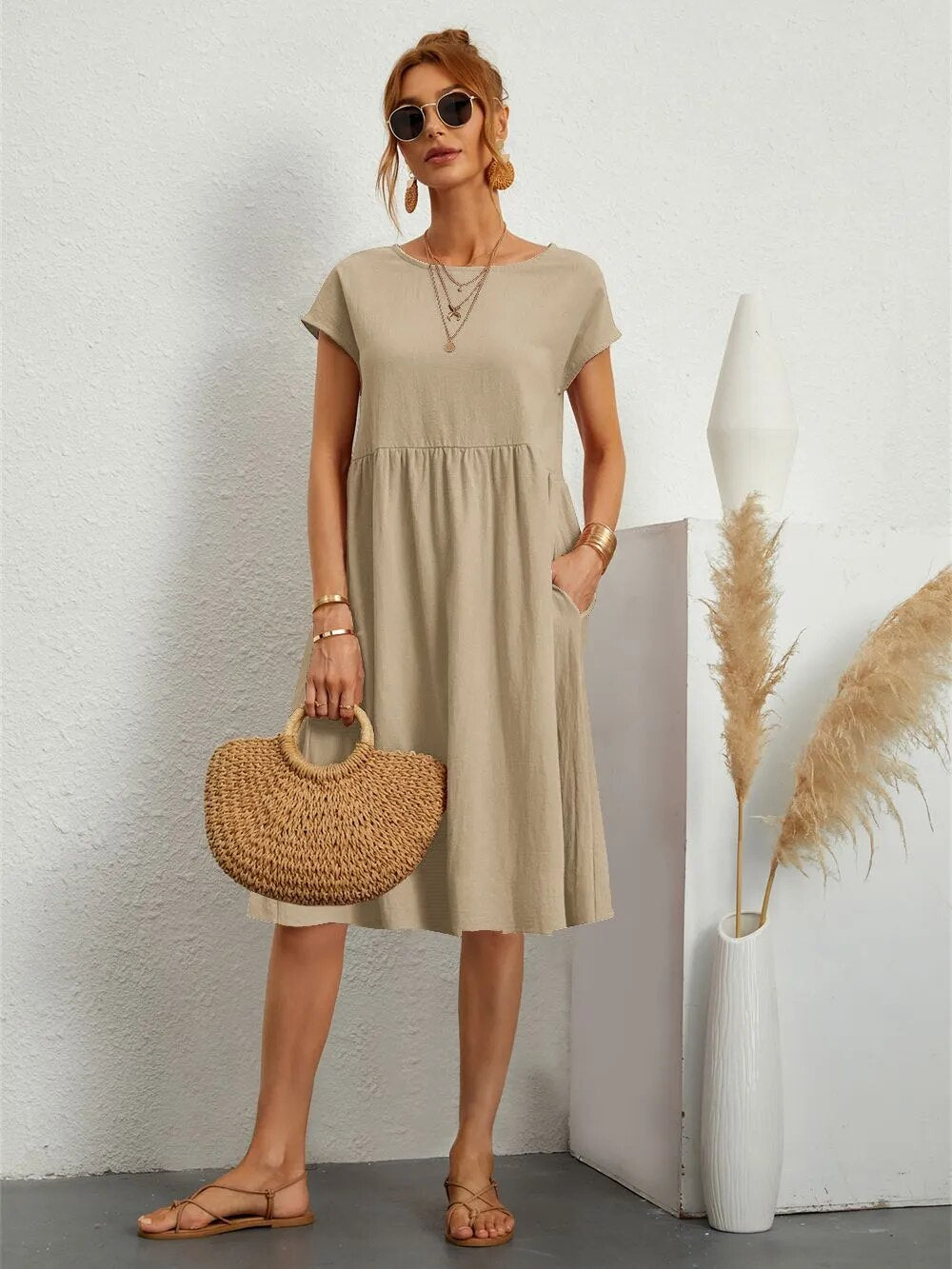 Women's Casual Short Sleeve Midi Dress | with Pockets