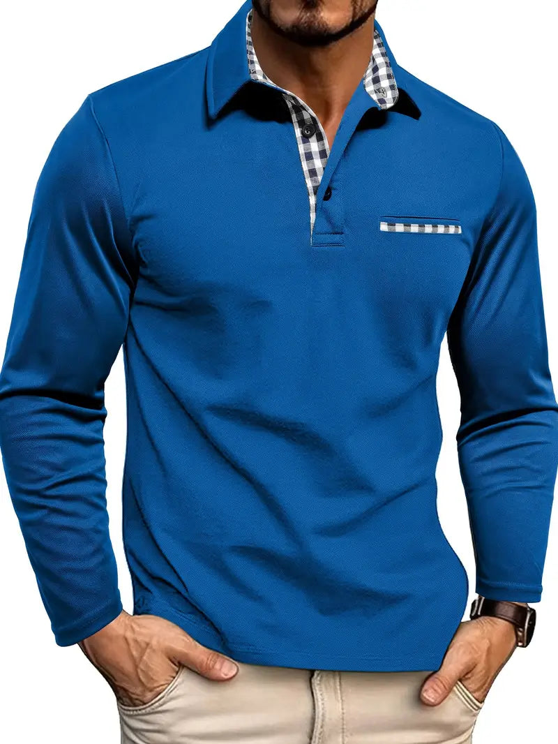 Men's Business Casual Long Sleeve Polo Shirt | With Check Pattern