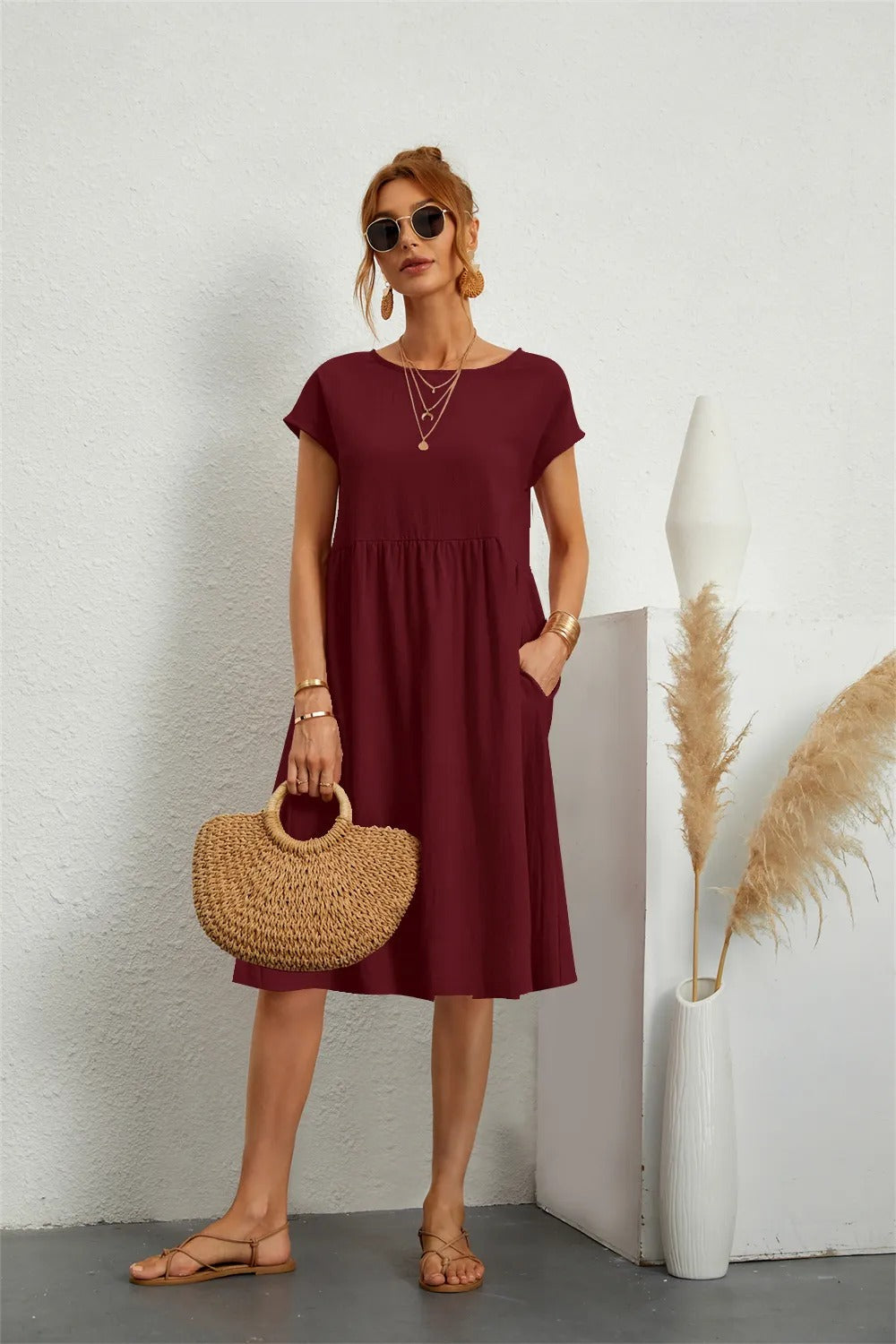 Women's Casual Short Sleeve Midi Dress | with Pockets