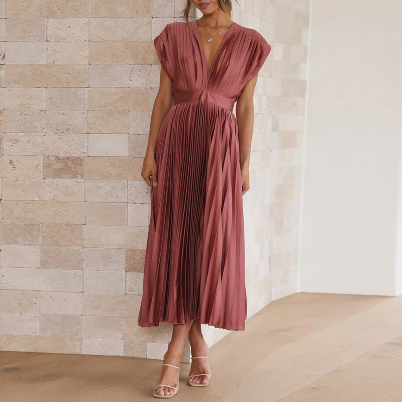 Women's V-Neck Pleated Evening Dress | Maxi