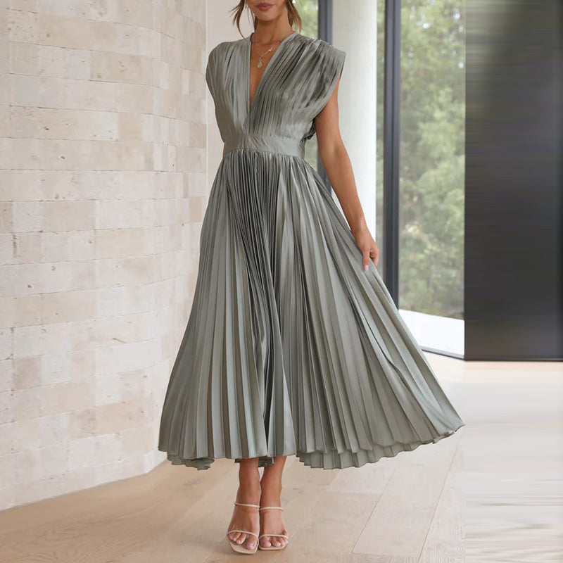 Women's V-Neck Pleated Evening Dress | Maxi