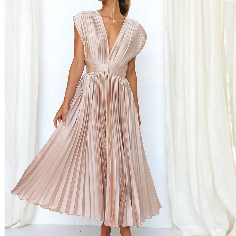 Women's V-Neck Pleated Evening Dress | Maxi