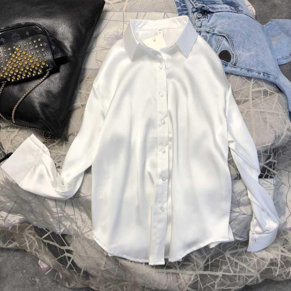 Satin Button Up Long Sleeve Shirt for Women - Leonia