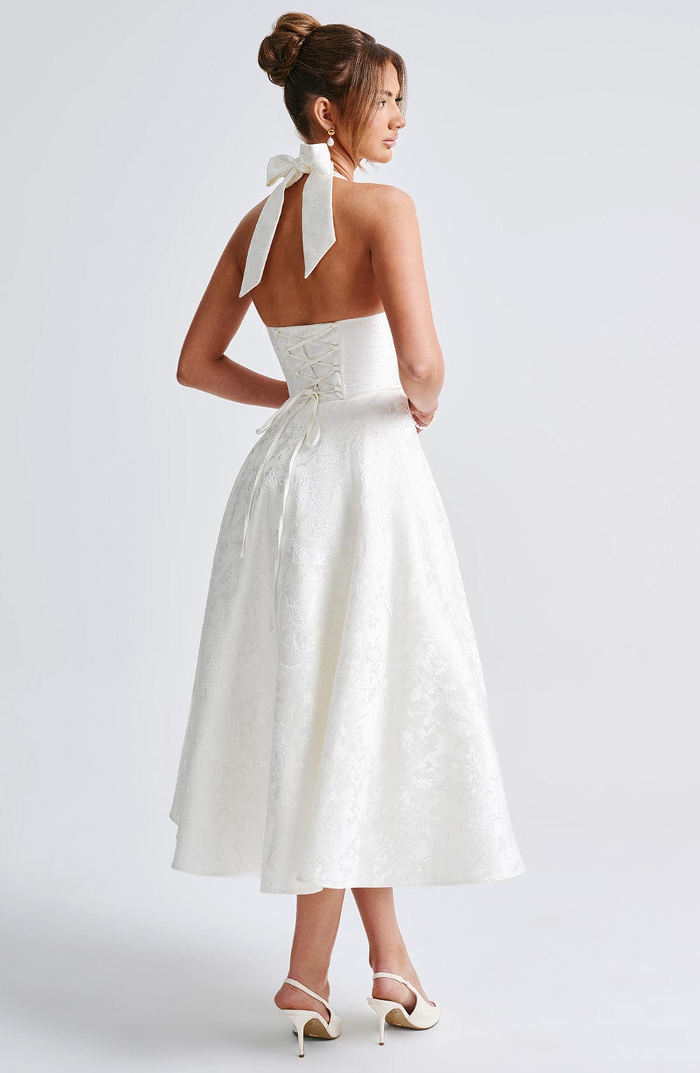 White Halter Midi Dress with Flared Skirt for Women - Natalia