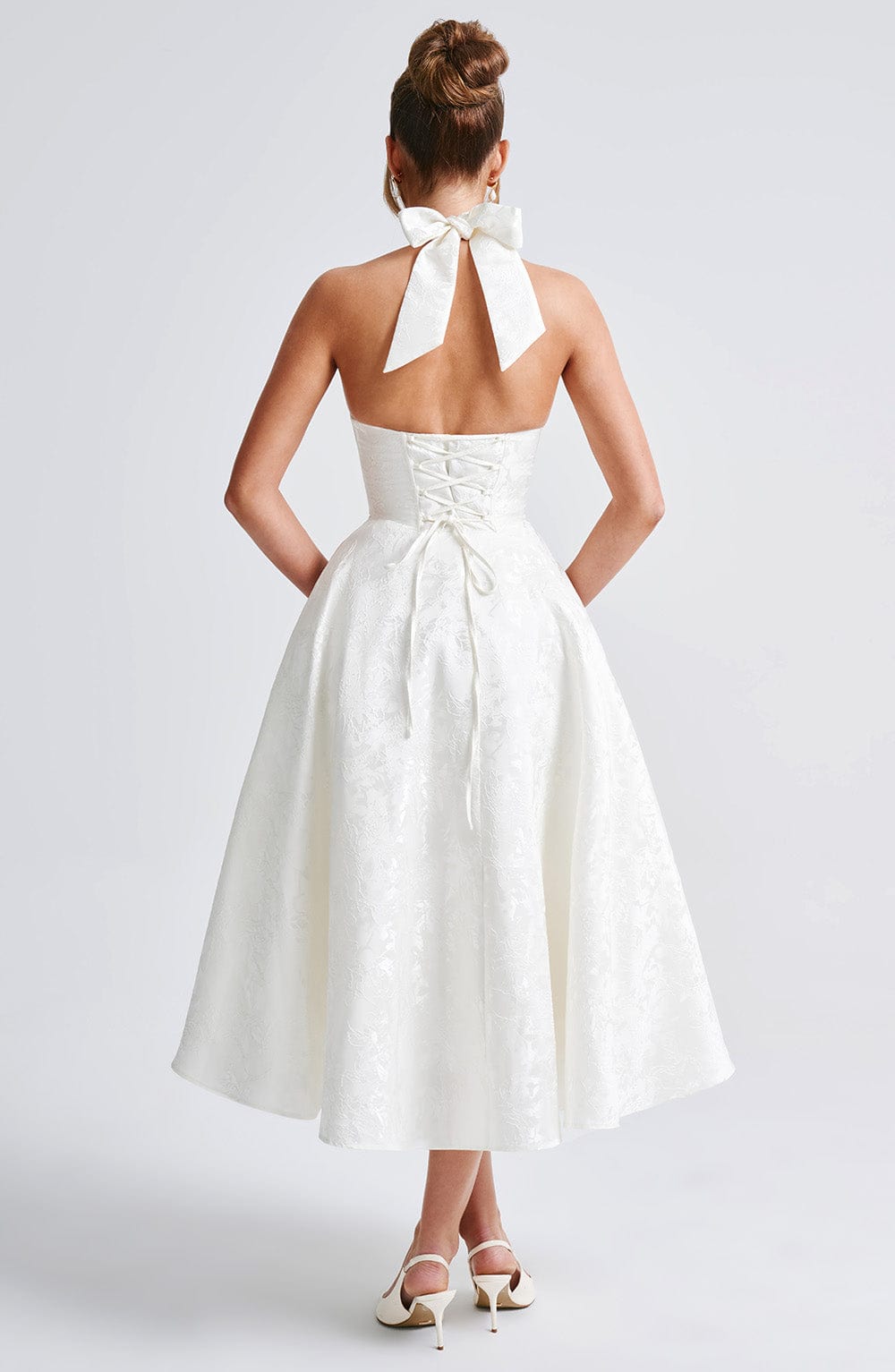 White Halter Midi Dress with Flared Skirt for Women - Natalia
