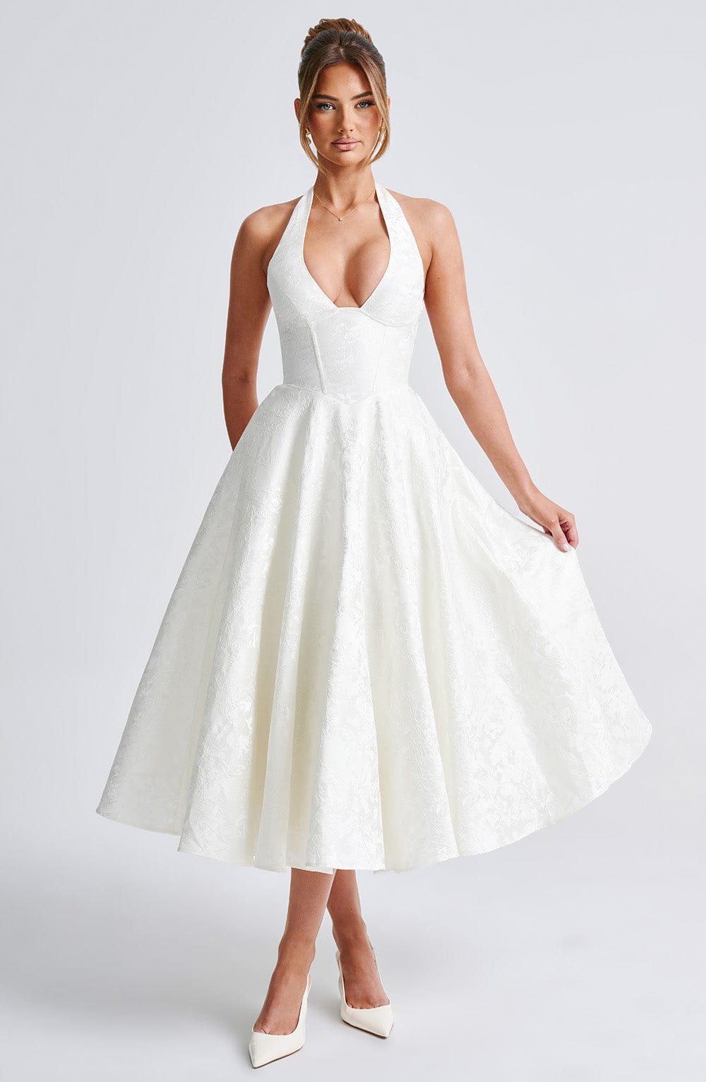 White Halter Midi Dress with Flared Skirt for Women - Natalia