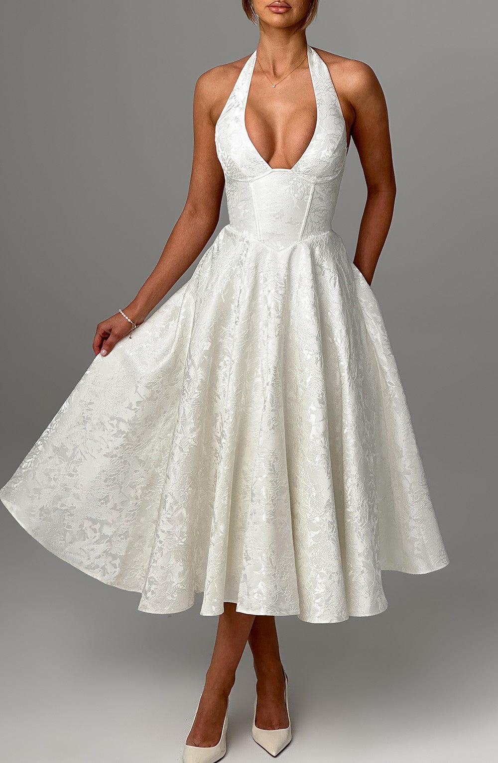 White Halter Midi Dress with Flared Skirt for Women - Natalia