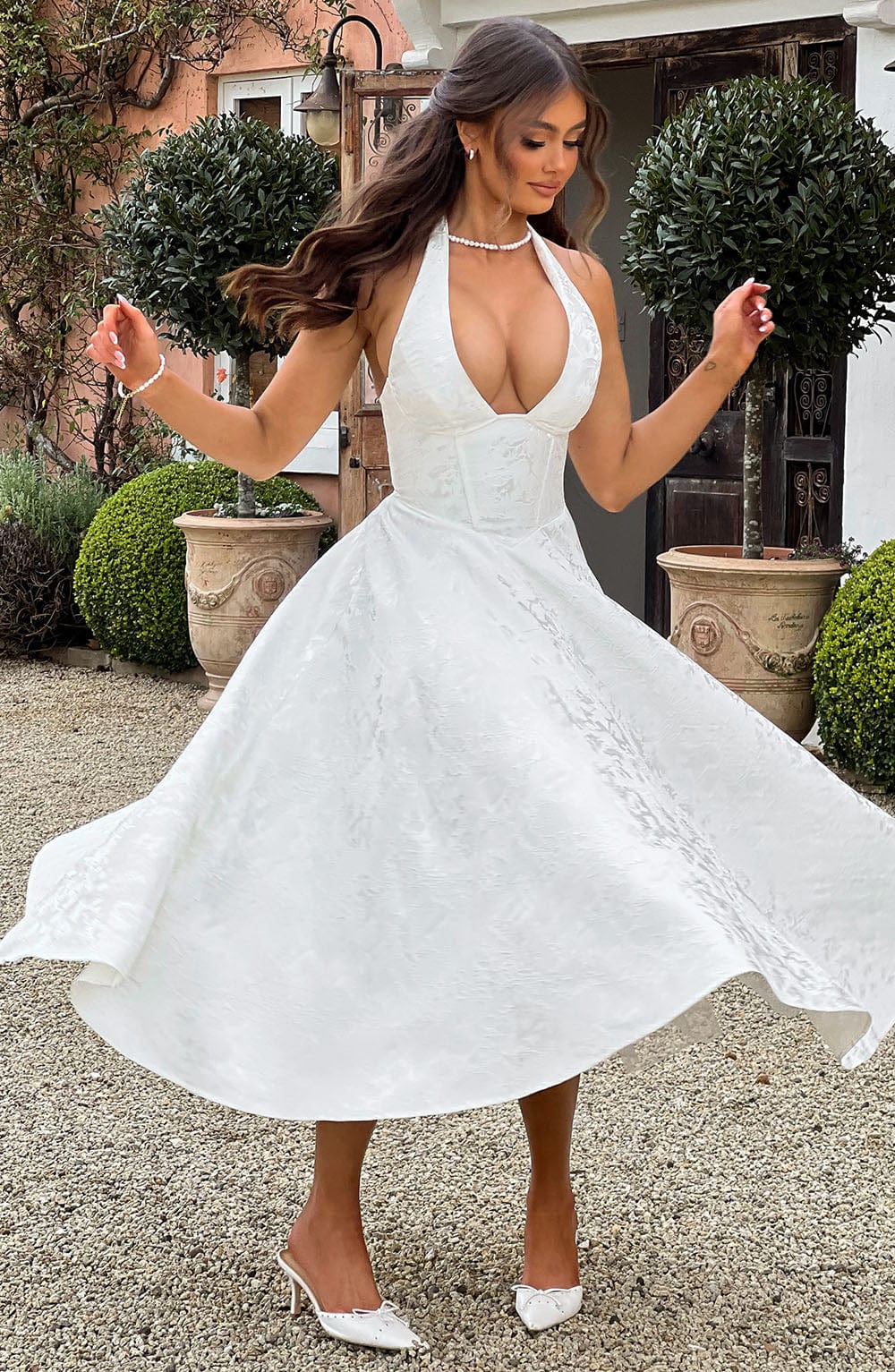 White Halter Midi Dress with Flared Skirt for Women - Natalia