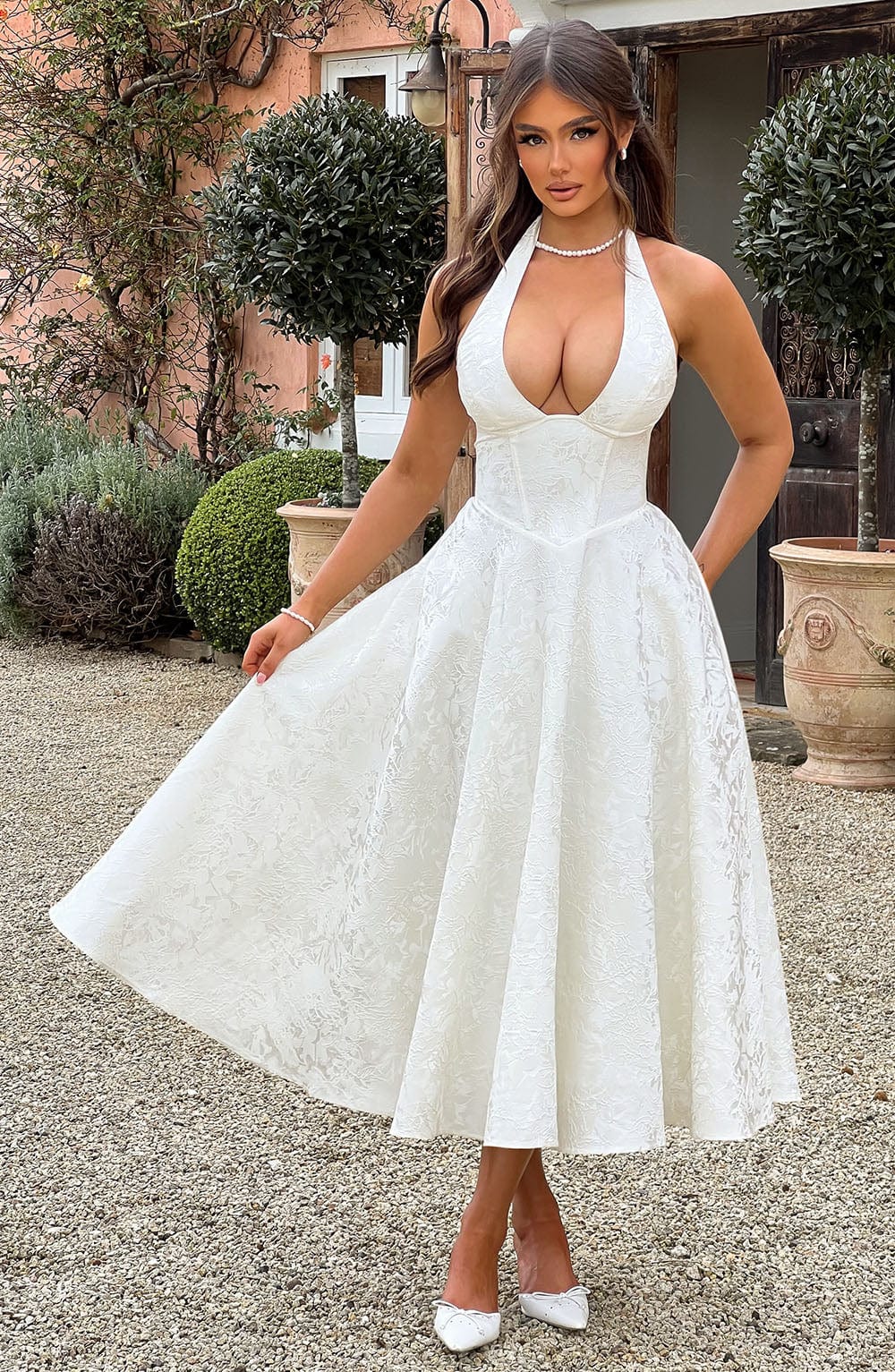 White Halter Midi Dress with Flared Skirt for Women - Natalia