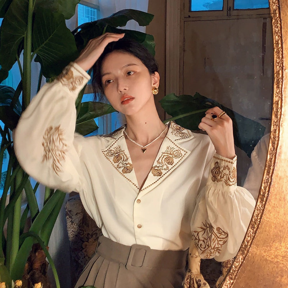 Apricot Embroidered Long Sleeve Blouse with Floral Design for Women - Mary