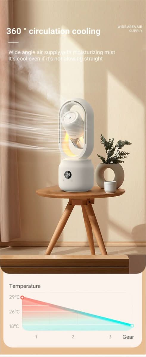 Portable Blade-Free Fan with Humidifier and Night Light for Refreshing Comfort