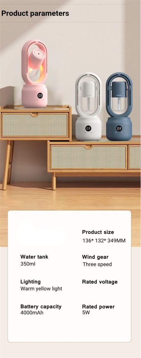 Portable Blade-Free Fan with Humidifier and Night Light for Refreshing Comfort