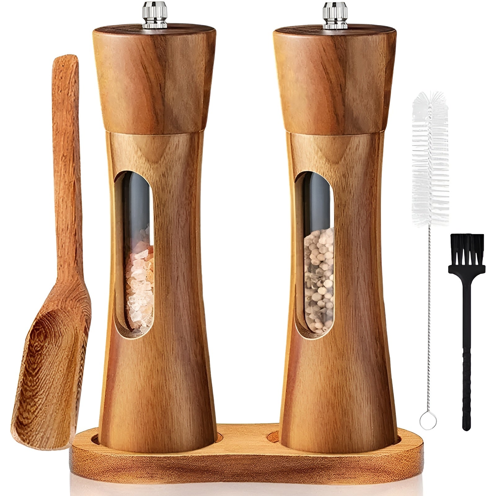 Set of 2 Wooden Salt and Pepper Mills with Acrylic Window