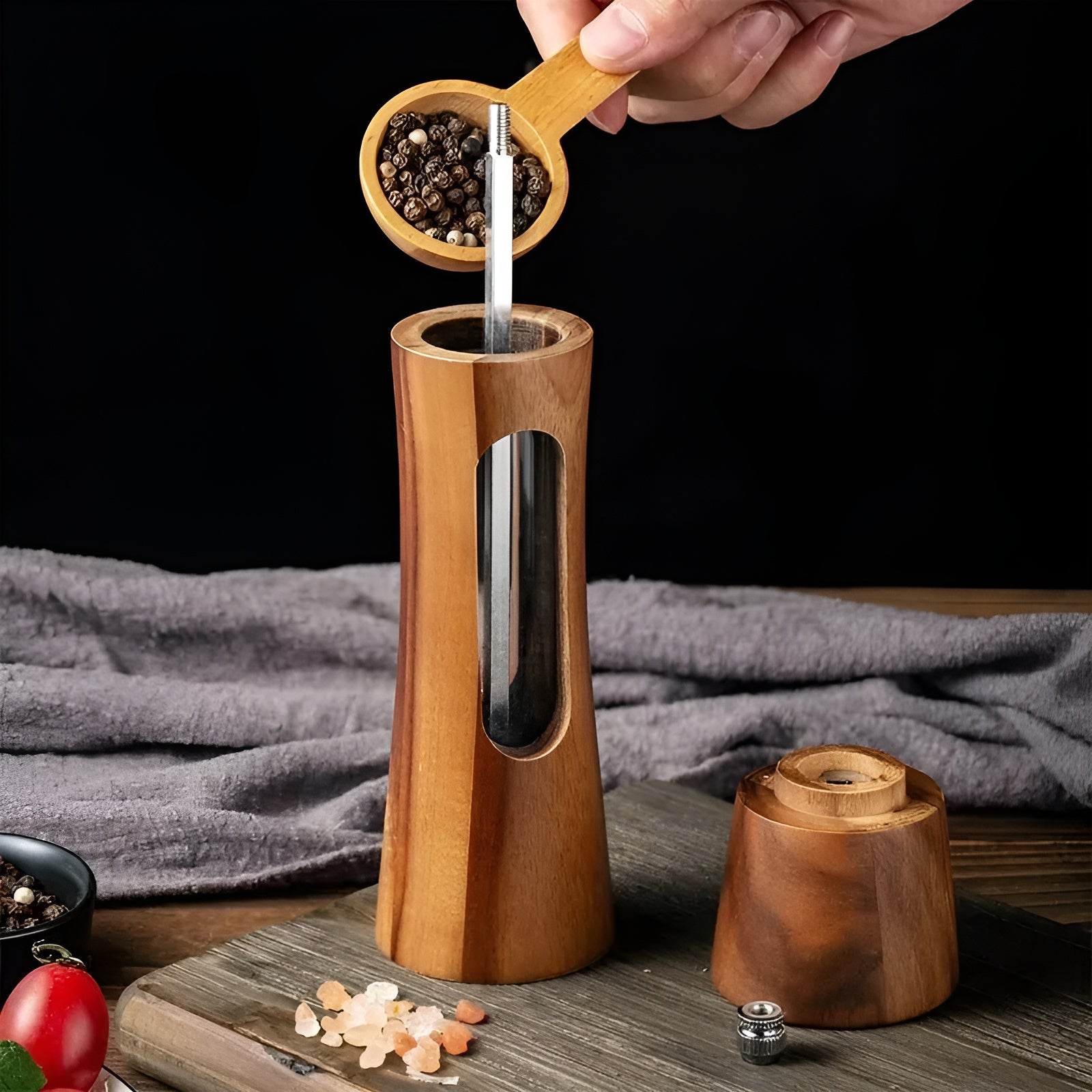 Set of 2 Wooden Salt and Pepper Mills with Acrylic Window