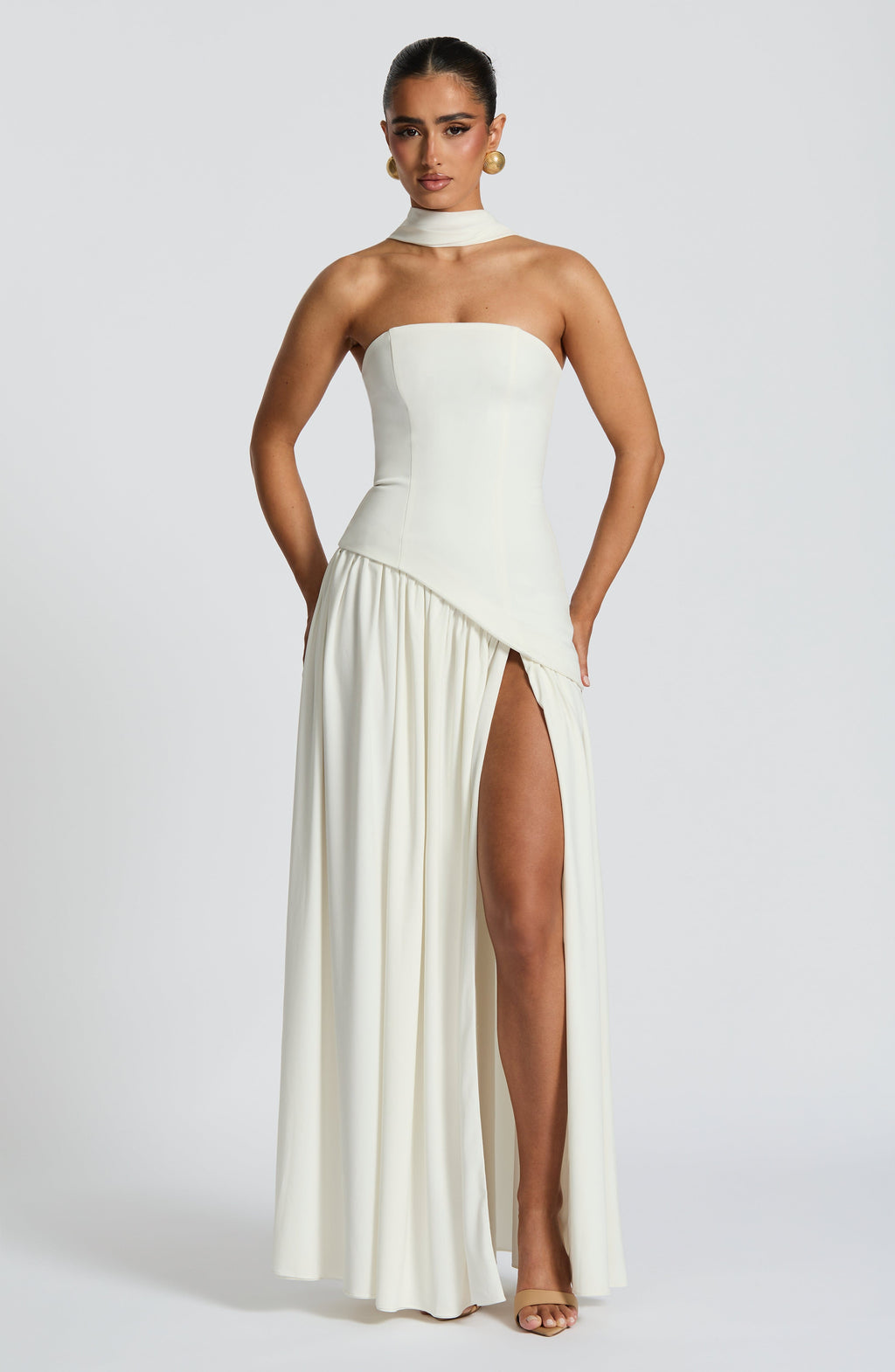 White Strapless Maxi Dress with Side Slit for Women - Maddalena