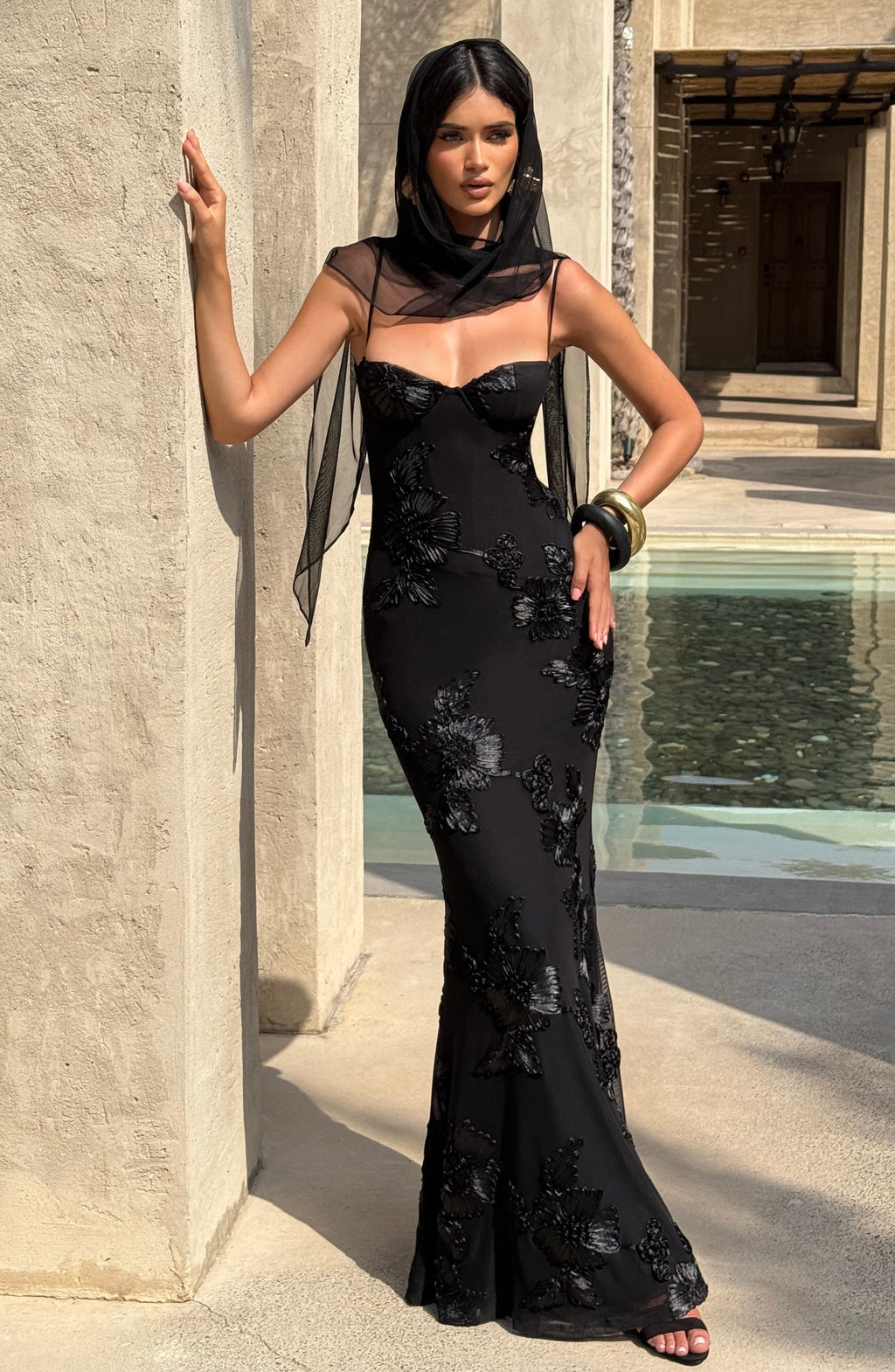Black Floral Maxi Dress with Spaghetti Straps for Women - Romina
