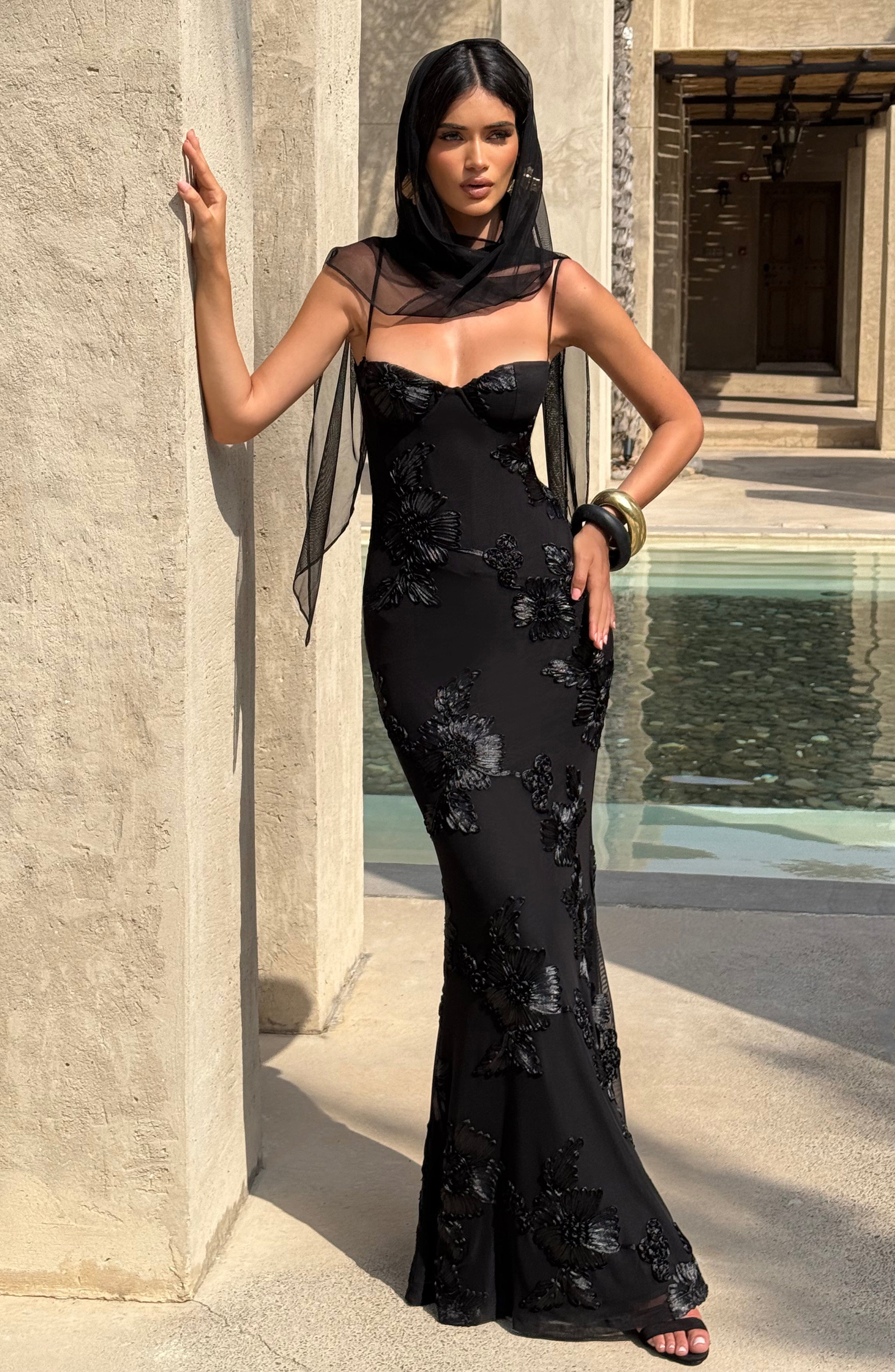 Black Floral Maxi Dress with Spaghetti Straps for Women - Romina