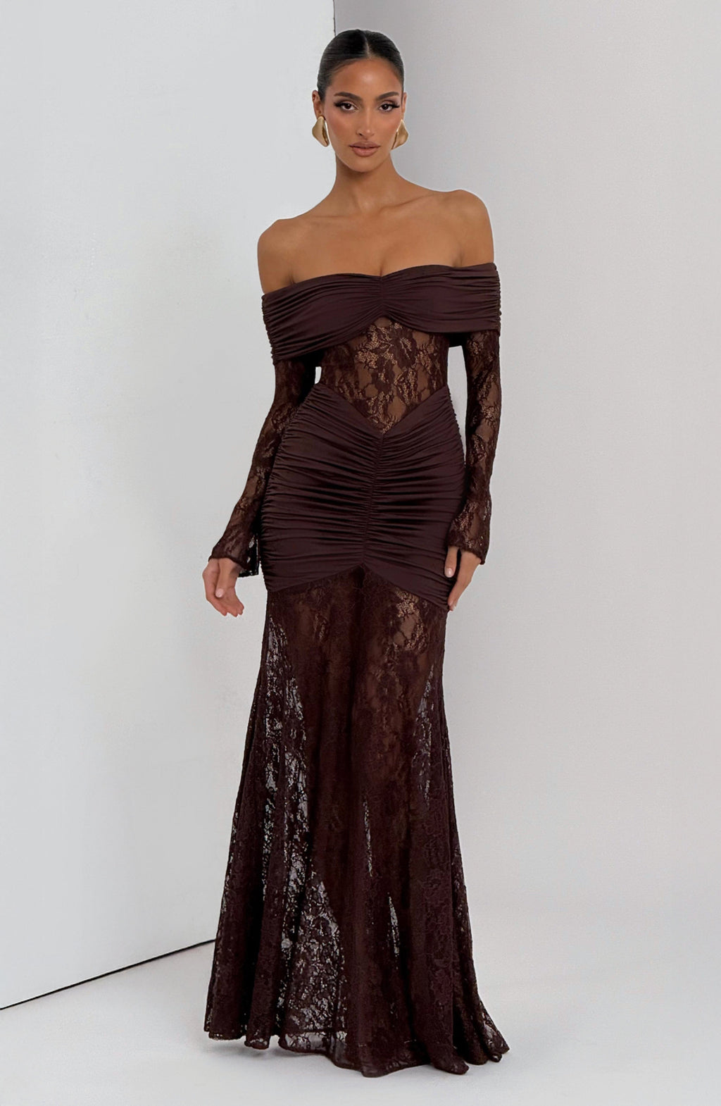 Brown Lace Maxi Dress with Off Shoulder for Women - Antonella