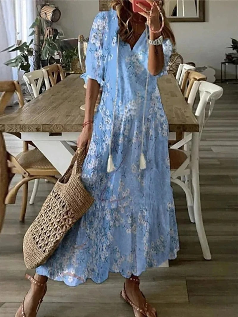 Women's Short Sleeve V-Neck Bohemian Summer Dress | Maxi