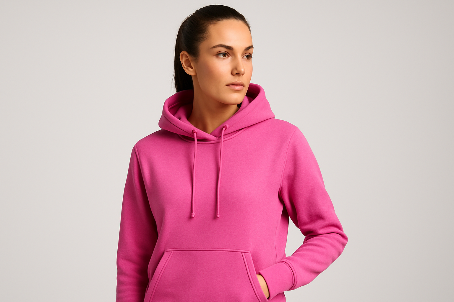 women model wearing athletic pink hoodie light grey background photo studio